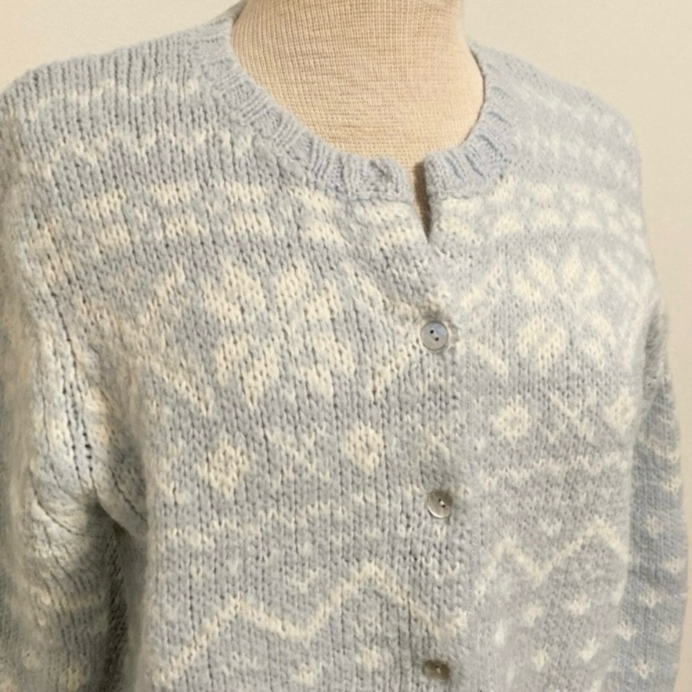 Vintage 90’s Knit Sweater Cardigan Blue White Button Holiday Fair Isle Norwegian - Picture 2 of 6